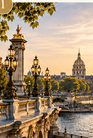 A Parisian riverside view with elegant bridges and historic landmarks