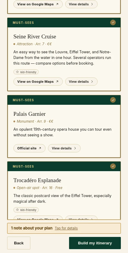 Actual ITYVERA selection screen showing checked place cards for Seine River Cruise, Palais Garnier and Trocadéro